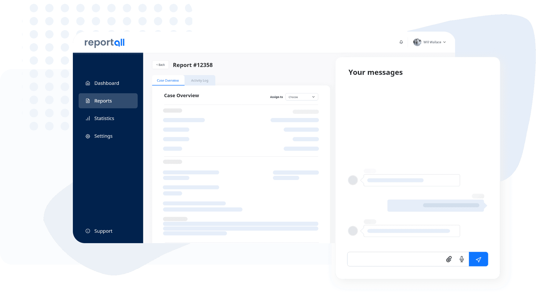 ReportAll platform interface showing dashboard and messages